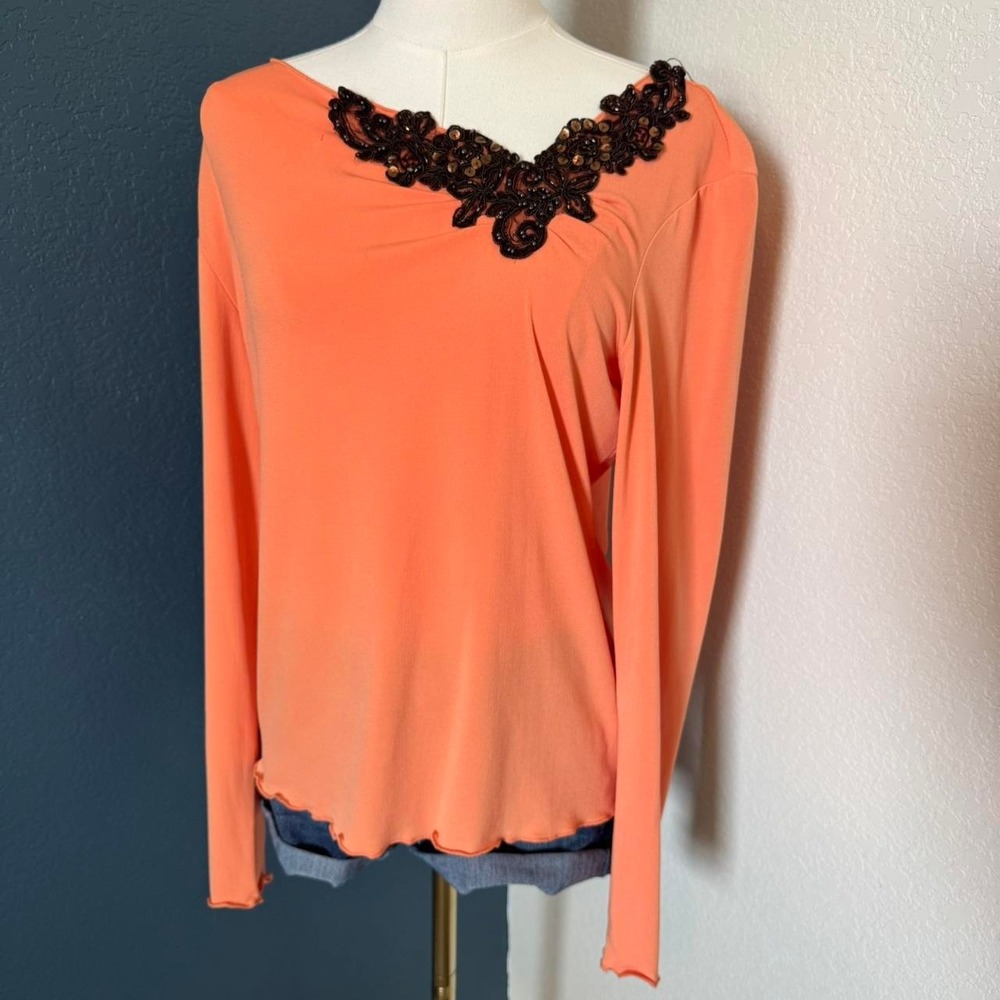 True Vintage Brown Beaded Lace Appliqué Asymmetrical Orange Top, Small